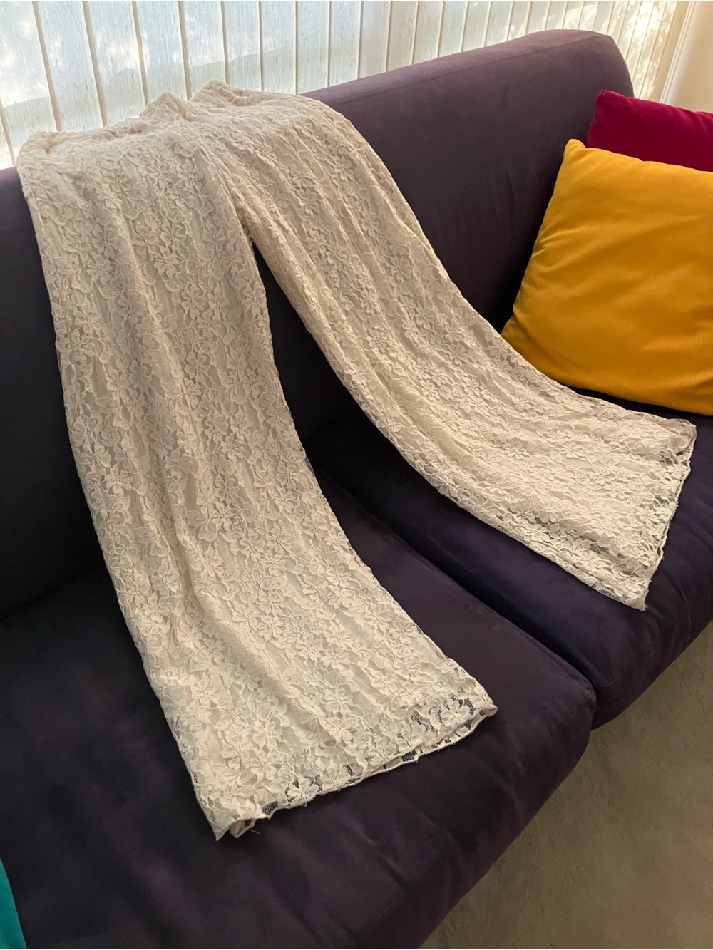 Elan Cream Lace lined lace flared pants 
Elastic waist
